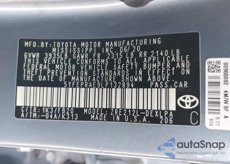 2020 Toyota Corolla Le z USA, uszkodzony, nr VIN 5YFEPRAE9LP132894